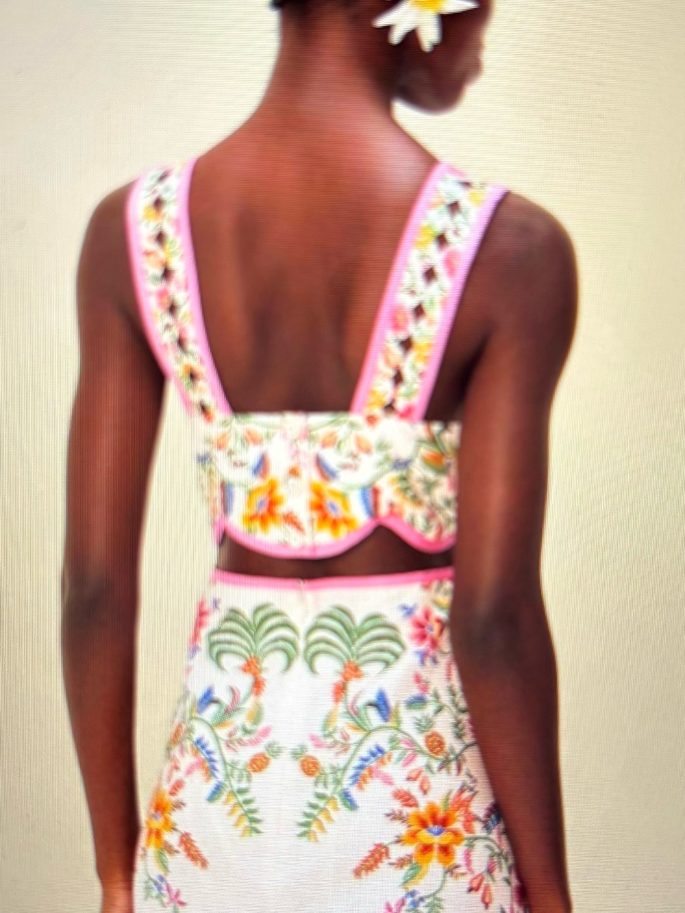 FARM Rio Cream Mini Dress Forest Linen Floral & Pink Trim Small - Picture 4 of 6